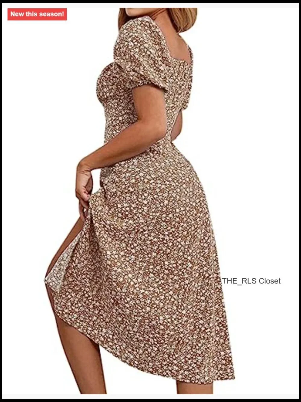 Floral Square Neck Puff Sleeve Midi Dress Ruched Bust High Waist Split
